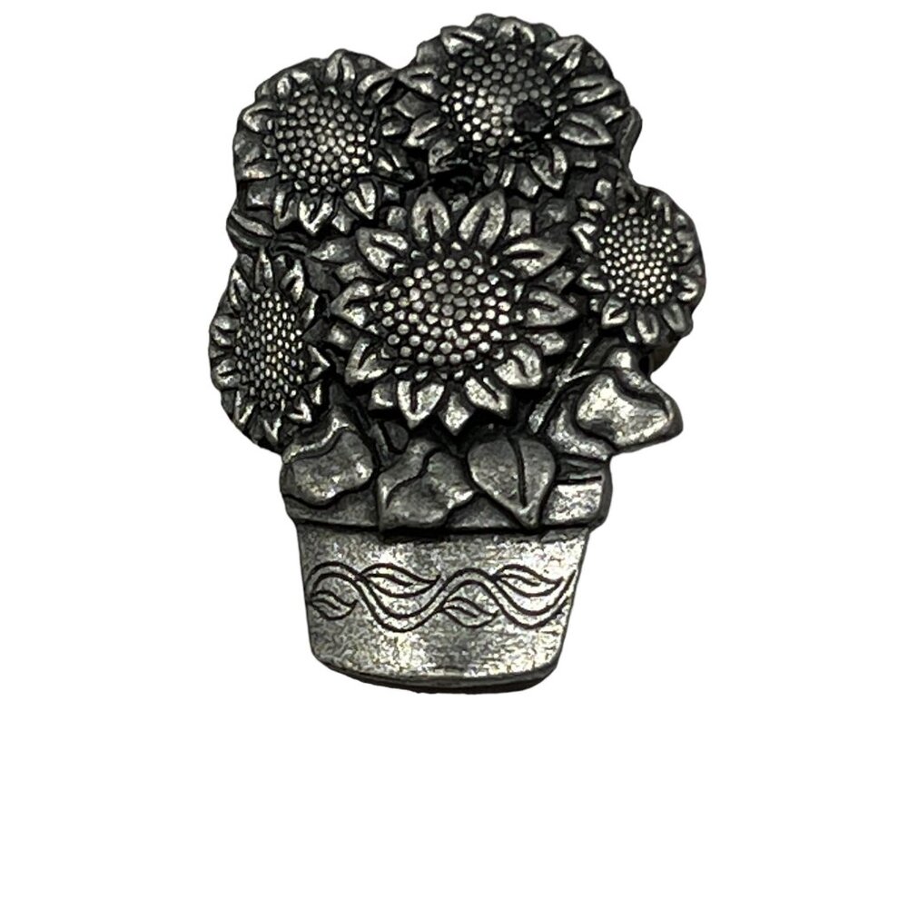 Daisy Brooch Pewter Tone Flower‎ Pot Birds and Blooms Pin